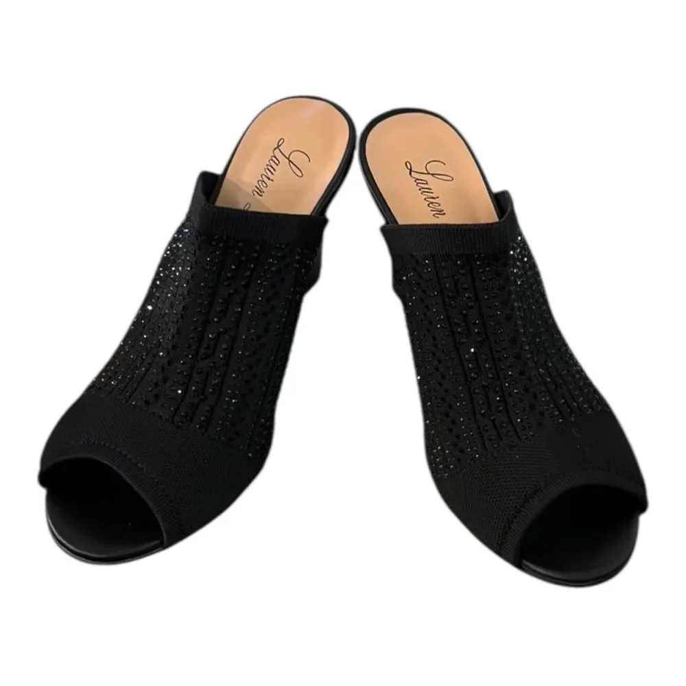 New Lauren Lorraine Martha Women’s Black Rhinestone Embellished Wedge Sandals 10